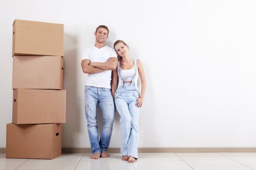 Removal company team preparing a move in Canary Wharf apartment building
