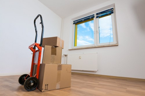 Packed boxes and furniture prepared for transport in Canary Wharf
